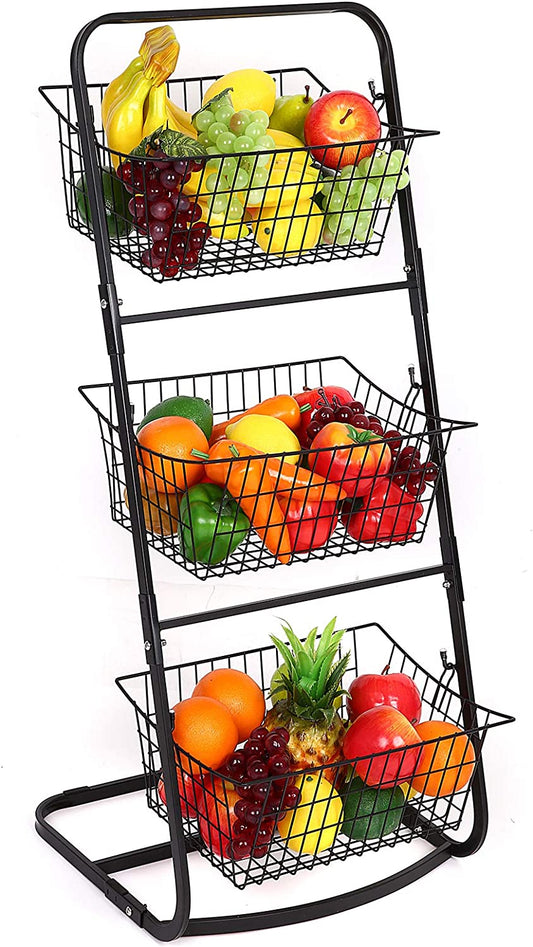 3 Tier Market Basket,Storage Basket Organizer, Fruit Vegetable Produce Metal Hanging Storage Bin for Kitchen,Bathroom Tower Baskets Stand