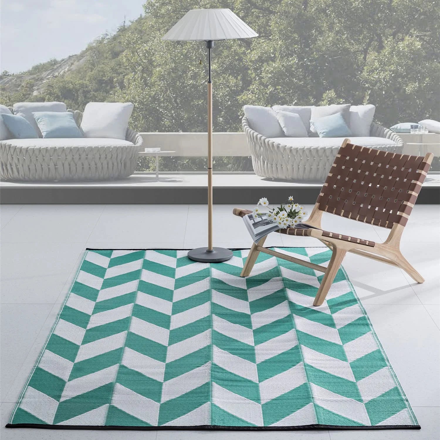 Teal Outdoor Rug Camping Rug 5X8 Reversible Plastic Straw Rug Waterproof Modern Floor Mat Area Rug for Patio,Backyard, Rv Rugs for Outside