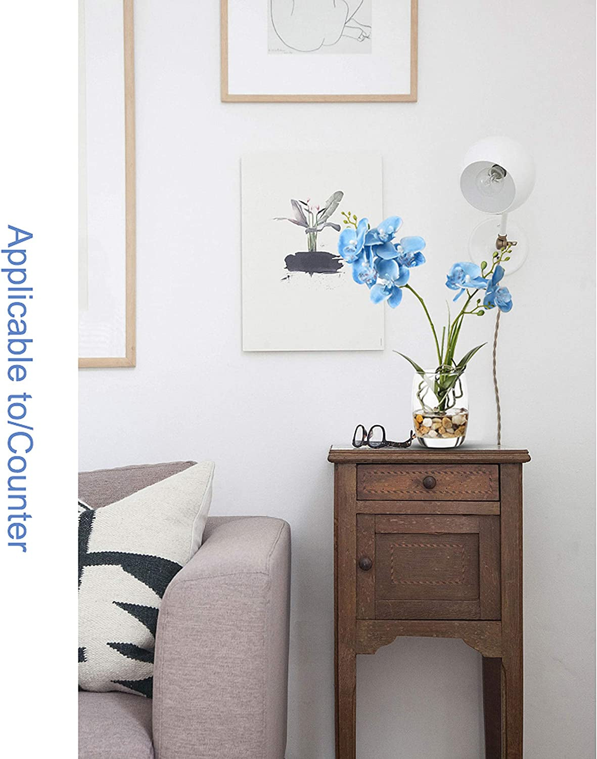 Artificial Flower Bonsai with Glass Vase Vivid Orchid Flowers Arrangement Phalaenopsis Flowers Pot for Home Office Décor Table Centerpiece House Decorations(Glass Vase/Blue Orchid)