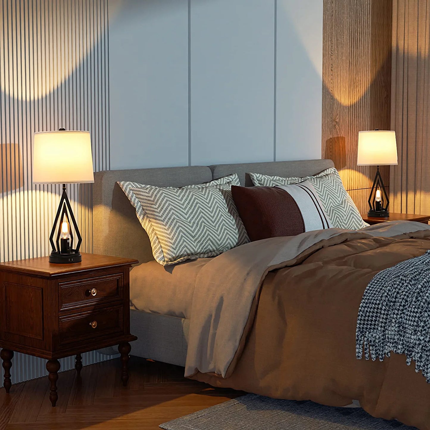 Table Lamps for Living Room Set of 2 - Farmhouse Bedroom Lamps for Nightstand with USB Ports, Black Bedside Lamps for End Table (4 Bulbs Included)