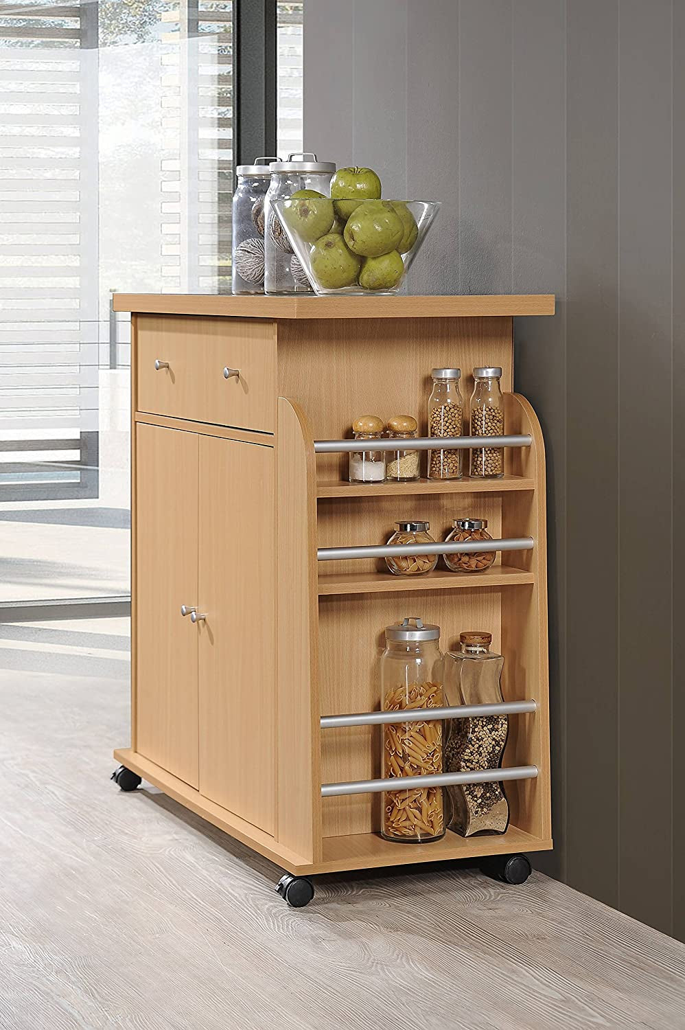 Import Kitchen Island with Spice Rack and Towel Rack, Beech