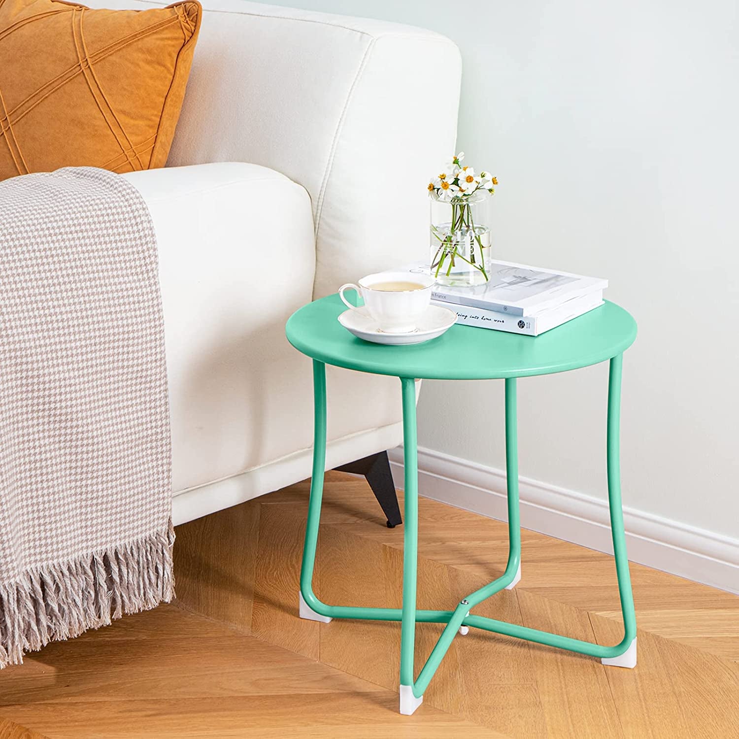 Amagabeli Metal Patio Side Table 18” X 18” Heavy Duty Weather Resistant Anti-Rust Outdoor End Table Small Steel round Coffee Table Porch Table Snack Table for Balcony Garden Yard Lawn, Mint Green