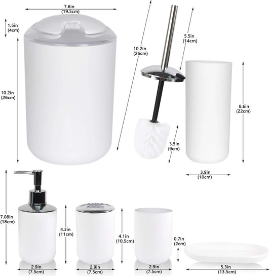 Bathroom Accessories Set Bath Ensemble Includes Soap Dispenser, Toothbrush Holder, Tumbler, Soap Dish for Decorative Countertop and Housewarming Gift ,Snow White