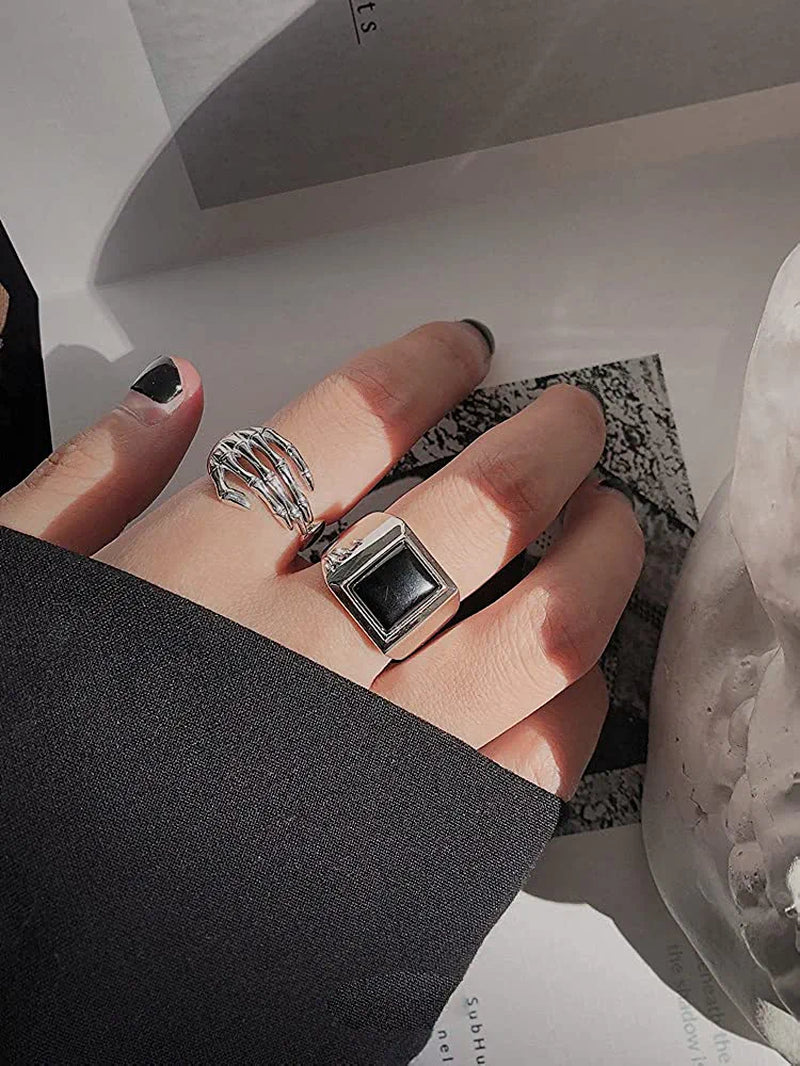 Vintage Skull Hand S925 Sterling Silver Open Band Ring for Women Girls Statement Adjustable Expandable Oxidized Gothic Skeleton Devil'S Talons Finger Pinky Rings Comfort Fit Unisex Personalized Jewelry