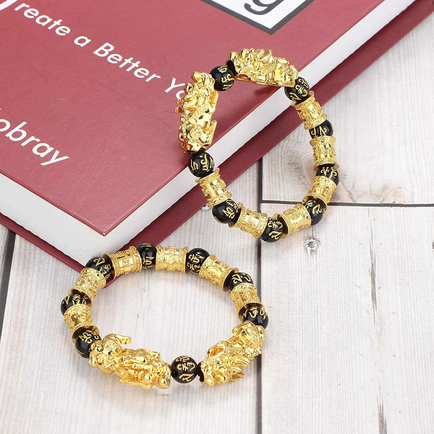 4 Pcs Feng Shui Black Obsidian Wealth Bracelet for Men Women Good Luck Charms Bead Bracelets Attract Wealth Money Adjustable Mens Pixiu Bracelet Set