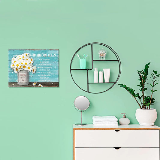 Bathroom Rules Wall Art Decor White Flowers Daisy Canvas Pictures Rustic Teal Blue Wooden Board Painting Vintage Farmhouse Canvas Artwork Prints Framed Canvas Art for Home Decoration 12X16 Inch