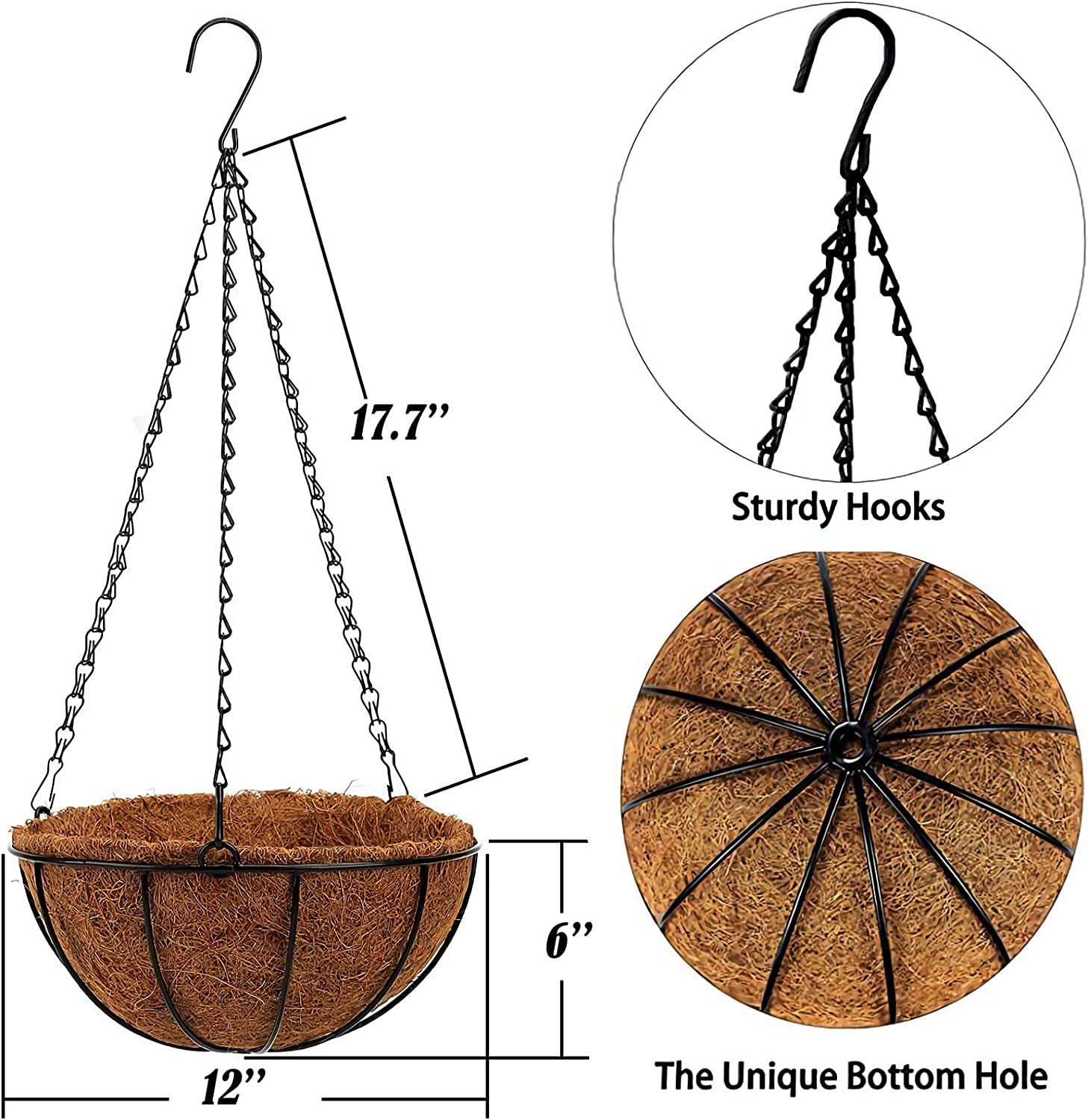 2 Pack Metal Hanging Planter Basket with Coco Coir Liner Chain round Wire Plant Holder Flower Pots Hanger Garden Decoration Porch Decor Watering Hanging Baskets Indoor Outdoor (12INCH)