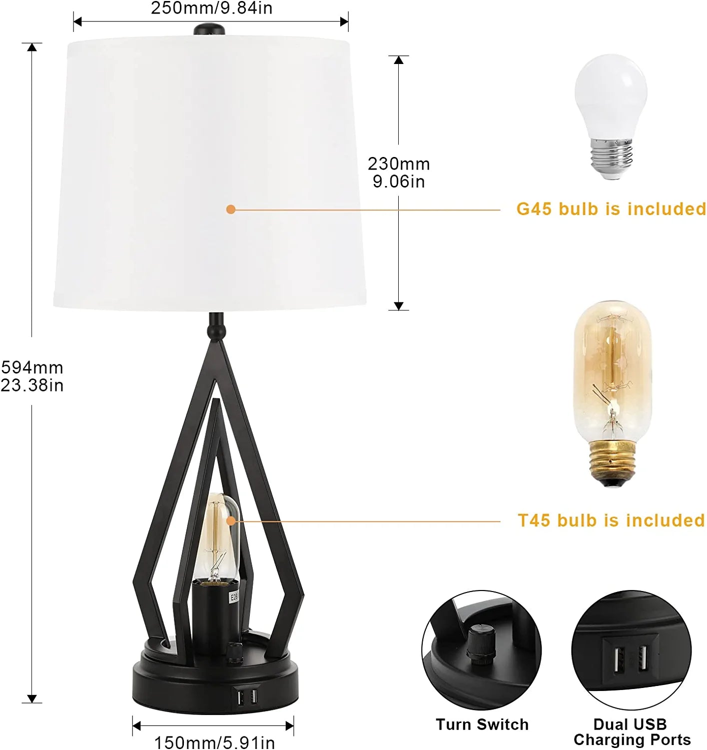 Table Lamps for Living Room Set of 2 - Farmhouse Bedroom Lamps for Nightstand with USB Ports, Black Bedside Lamps for End Table (4 Bulbs Included)