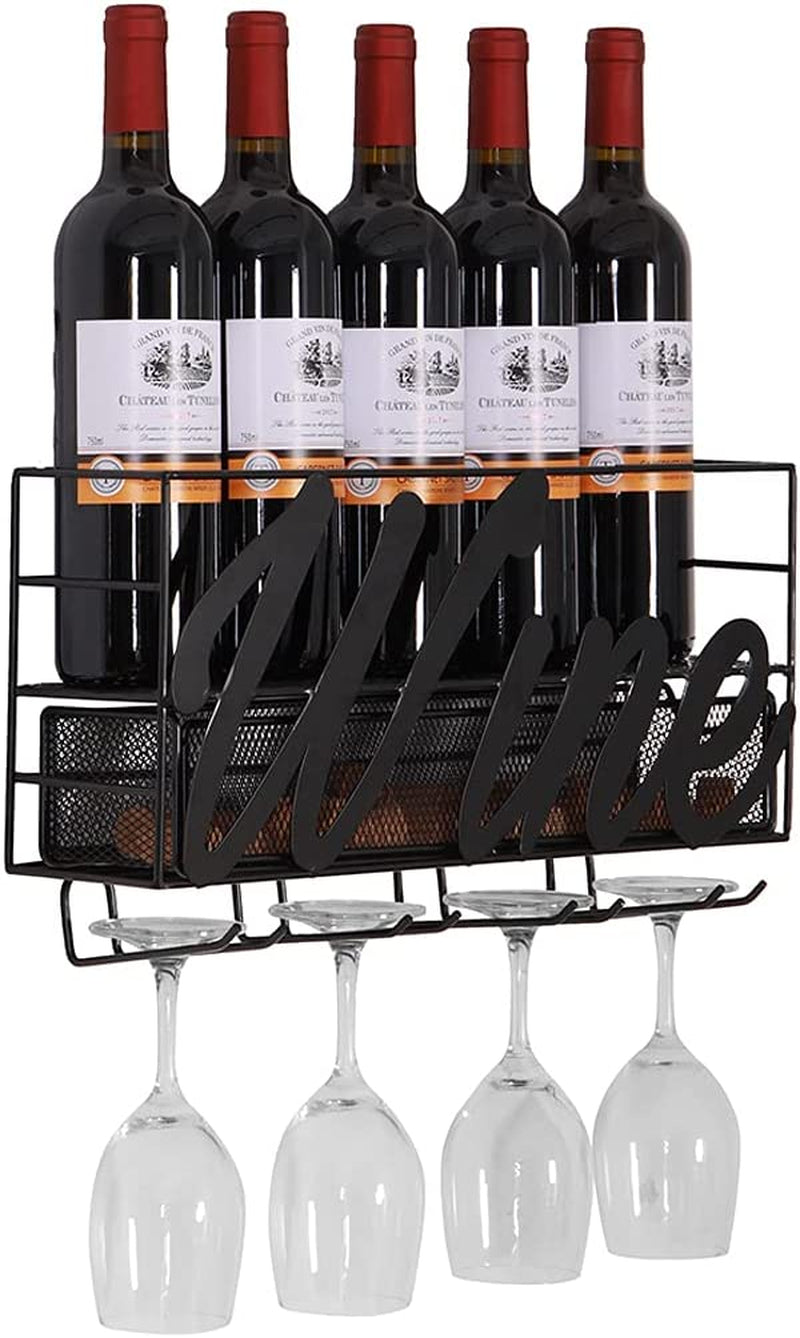 Wall Mounted Metal Wine Rack,Hanging Stemware Glass Holder,Wine Corks Storage Wine Kitchen Storage Rack,Modern Home Kitchen Decor,Black