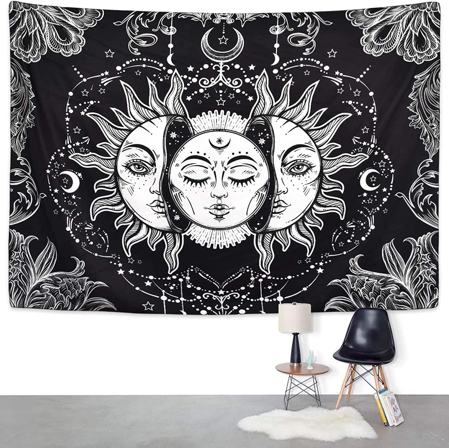Sun and Moon Tapestry, Black and White Tapestries Mystic Burning Sun with Star Wall Hanging Decor for Bedroom (59" W X 51" L)