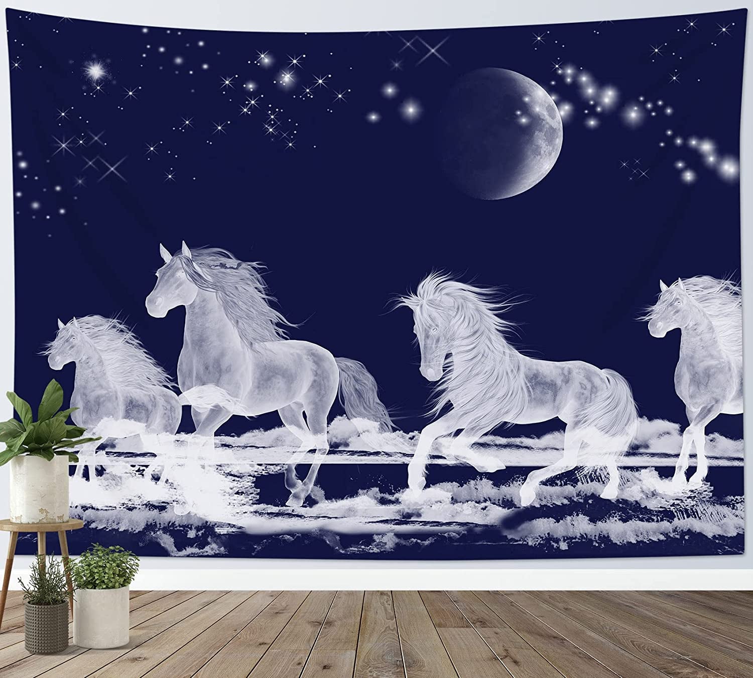 HVEST Galloping Horse Tapestry Animals Tapestry Wall Hanging Moon and Star in Night Starry Sky Tapestries for Bedroom Living Room Dorm Party Decor,60Wx40H Inches