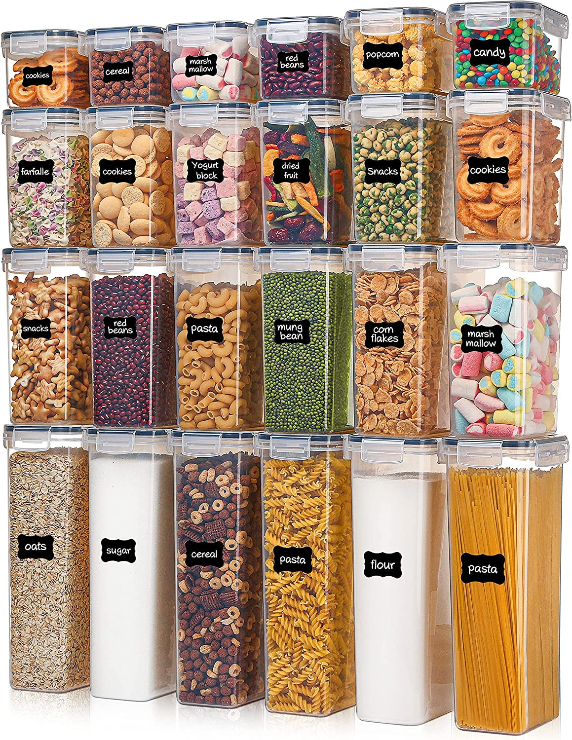 Airtight Food Storage Containers with Lids,  24 Pcs Plastic Kitchen and Pantry Organization Canisters for Cereal, Dry Food, Flour and Sugar, BPA Free, Includes 24 Labels