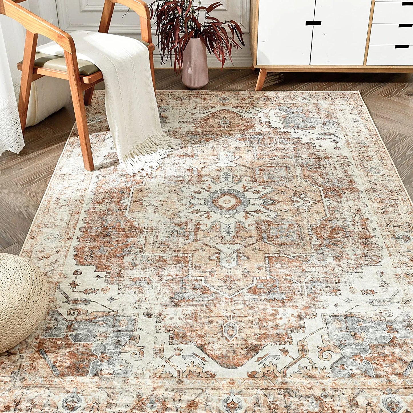 JINCHAN Area Rug 4X6 Persian Rug Vintage Rug Indoor Floor Cover Print Distressed Carpet Brick Red Multi Thin Rug Chenille Mat Foldable Accent Rug Lightweight Kitchen Living Room Bedroom Dining Room