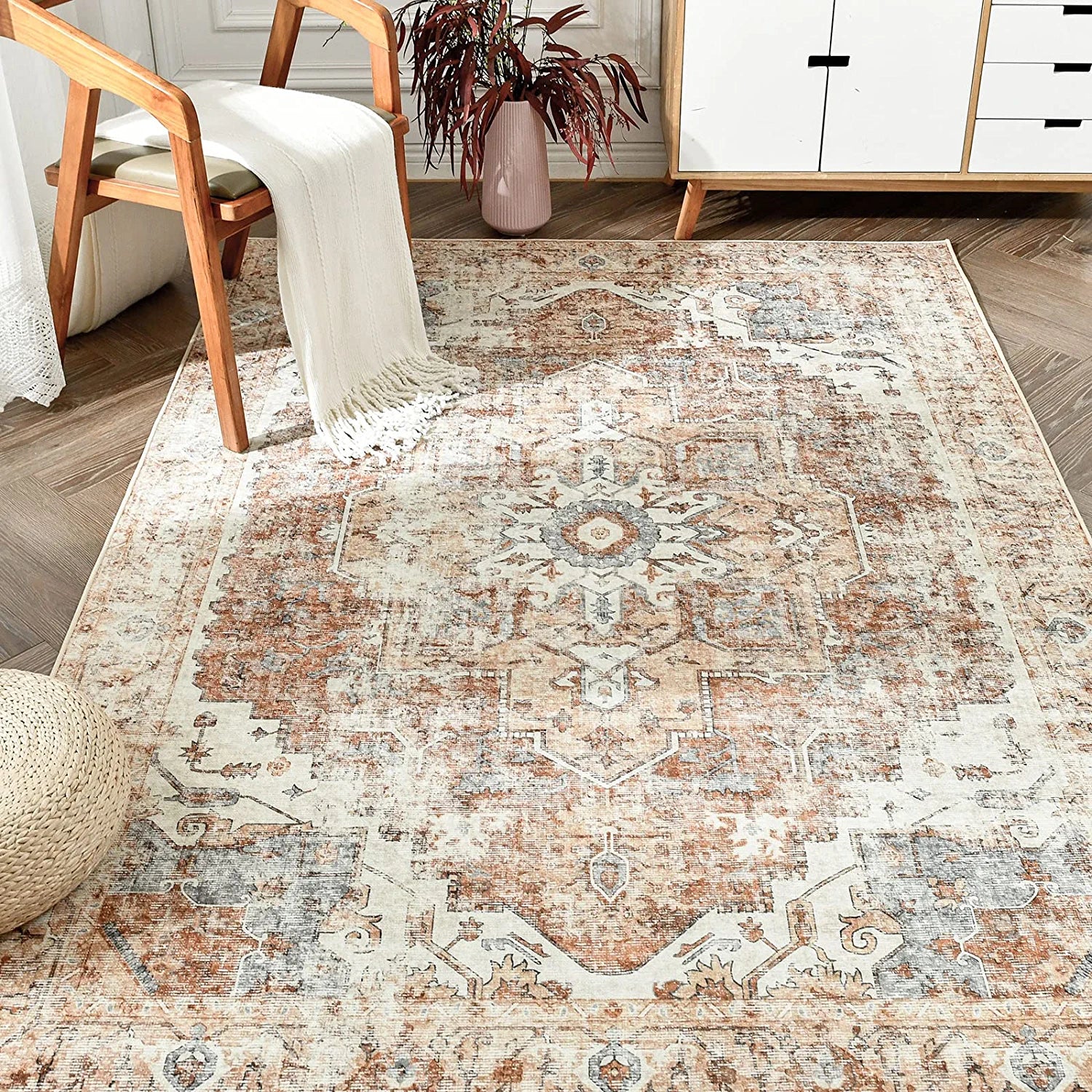 JINCHAN Area Rug 4X6 Persian Rug Vintage Rug Indoor Floor Cover Print Distressed Carpet Brick Red Multi Thin Rug Chenille Mat Foldable Accent Rug Lightweight Kitchen Living Room Bedroom Dining Room