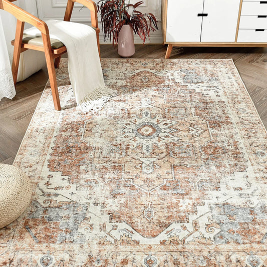 JINCHAN Area Rug 4X6 Persian Rug Vintage Rug Indoor Floor Cover Print Distressed Carpet Brick Red Multi Thin Rug Chenille Mat Foldable Accent Rug Lightweight Kitchen Living Room Bedroom Dining Room