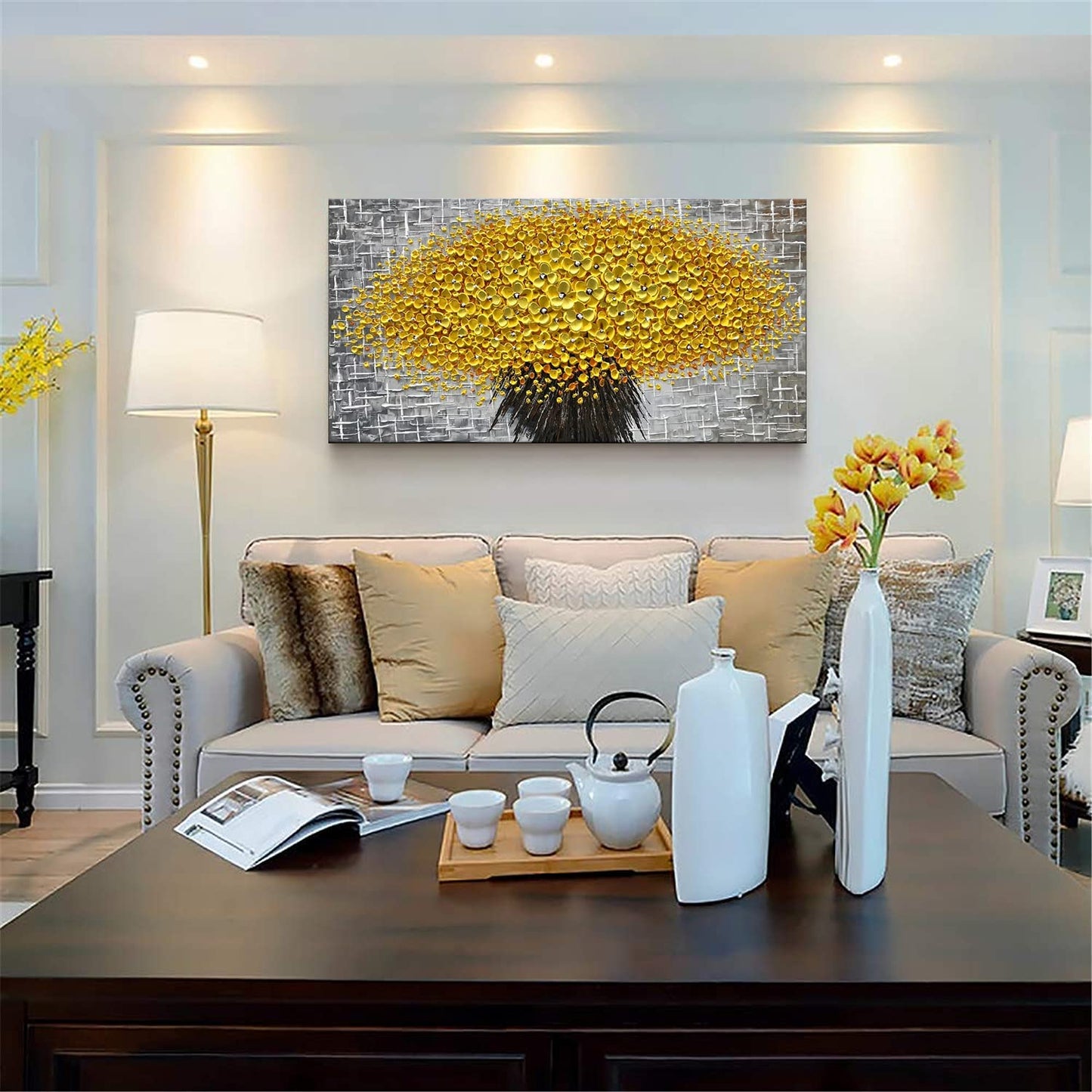 Oil Paintings 24X48", 3D Yellow Flower/Floral Paintings Canvas Wall Art Home Decorations Framed Wall Art Pictures for Dining Room Bedroom Office Kitchen Living Room Wall Decor
