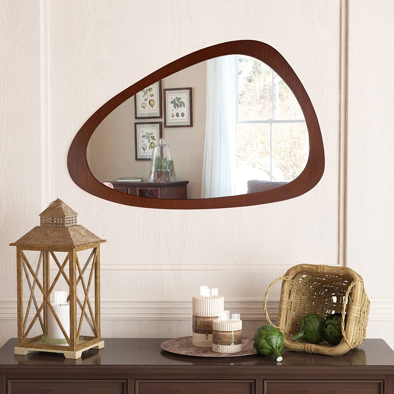 Irregular Wall Mirror 30"X20" Wall-Mounted Mirror with MDF Frame, Large Asymmetrical Mirrors for Wall Irregular Mirror for Bathroom Bedroom Entryway, Dark Walnut