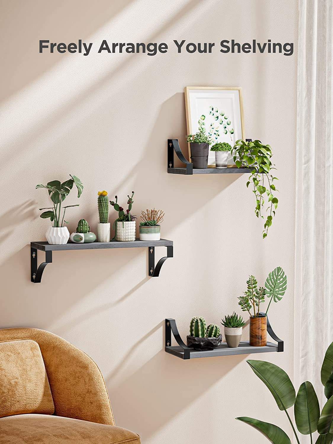 Floating Shelves Wall Mounted Set of 3, Rustic Wood Wall Shelves for Bedroom, Bathroom, Living Room, Kitchen, Laundry Room Storage & Decoration, Gray