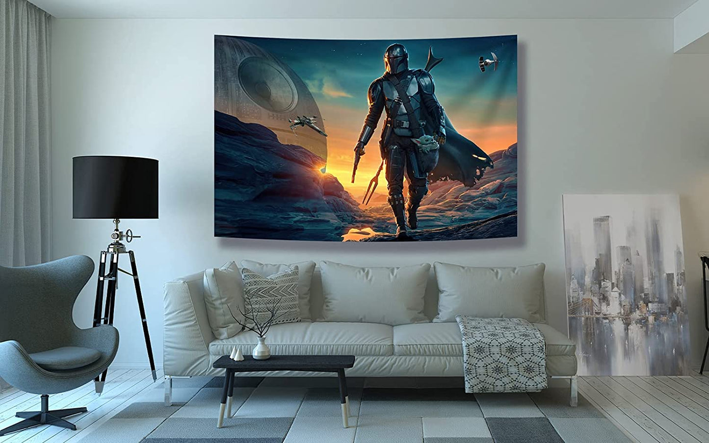Tapestry Banner Star Wars Mandalorian Yoda Blue Death Star Wall Posters Wall Hanging Decoration for Bedroom Dorm Cool-For Party Art Wall Tapestry (Mandalorian Yoda, 39''X 59'')
