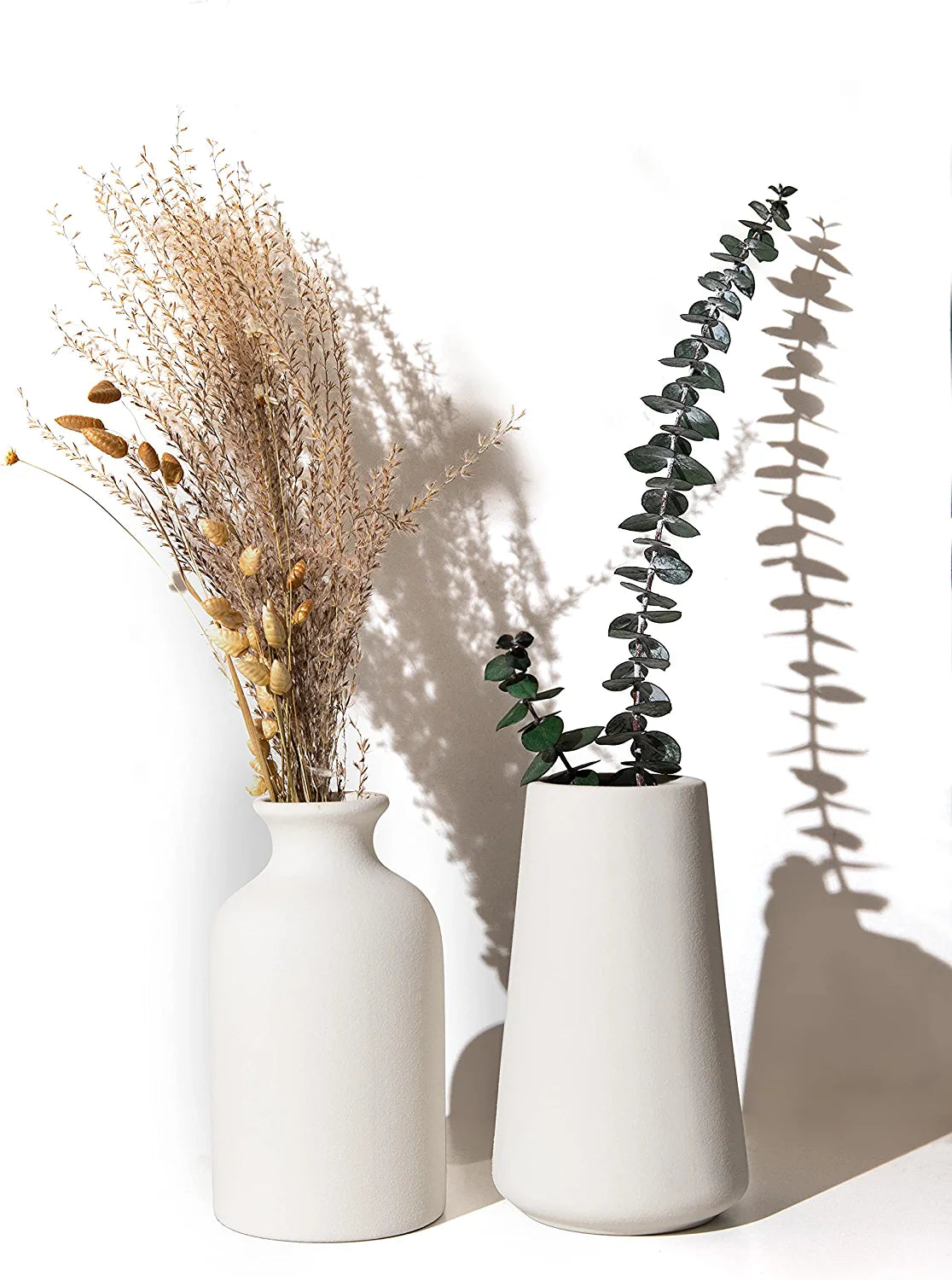 Set of 2- Classic White Ceramic Vases, Tall Vases for Flowers, for Living Room Decorations, Home Decor, Modern Farmhouses, Ideal Shelf, Table, Bookshelf, Mantle, Pampas Grass