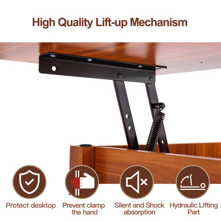 Jaxpety Lift Top Coffee Table Convertible Solid Wood Desk Storage Compartment,Red Brown