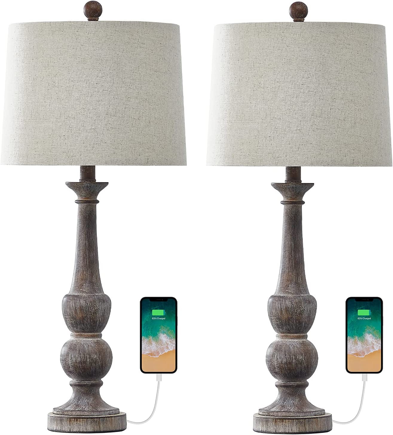 Table Lamp for Living Set of 2 USB Antique Retro 27.75“ Nightstand USB Lamp for Bedroom Rustic Table Lamp Vintage Style Bedside Traditional Table Lamp Brown