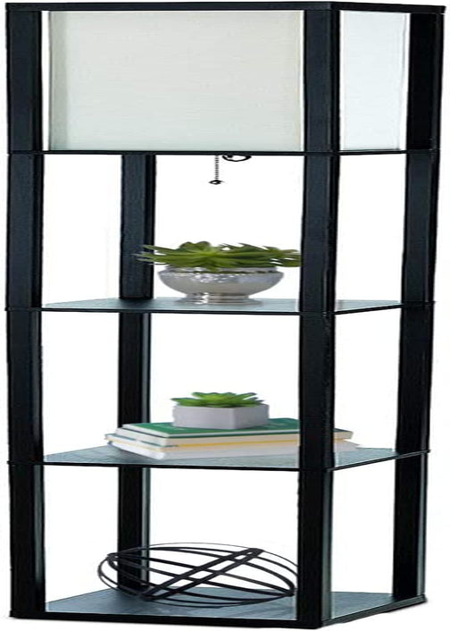 Simple Designs LF1014-BLK Etagere Organizer Storage Shelf Linen Shade Floor Lamp, Black