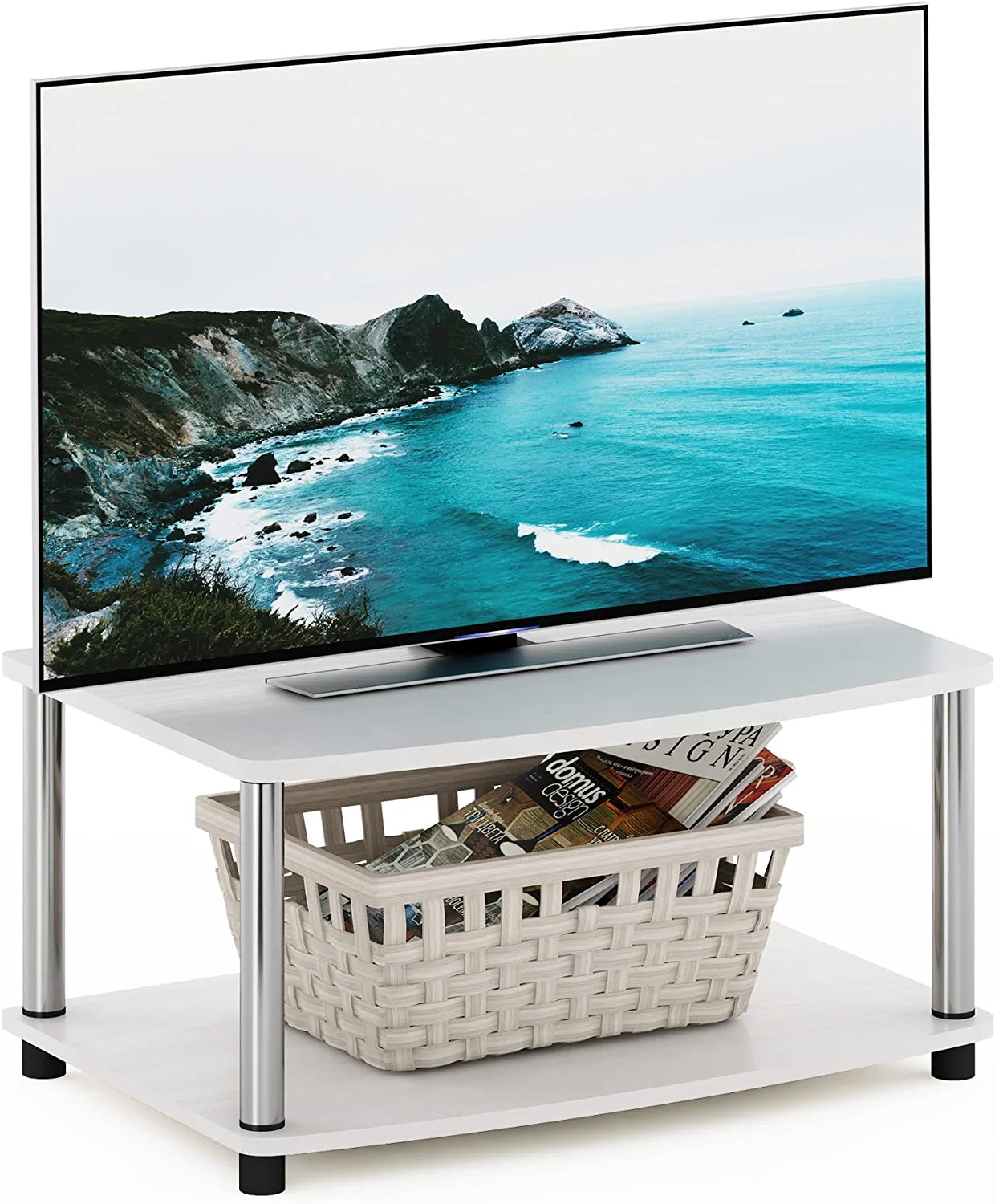 Turn-N-Tube No Tools 2-Tier Elevated TV Stand, Stainless Steel Tubes, White Oak/Chrome