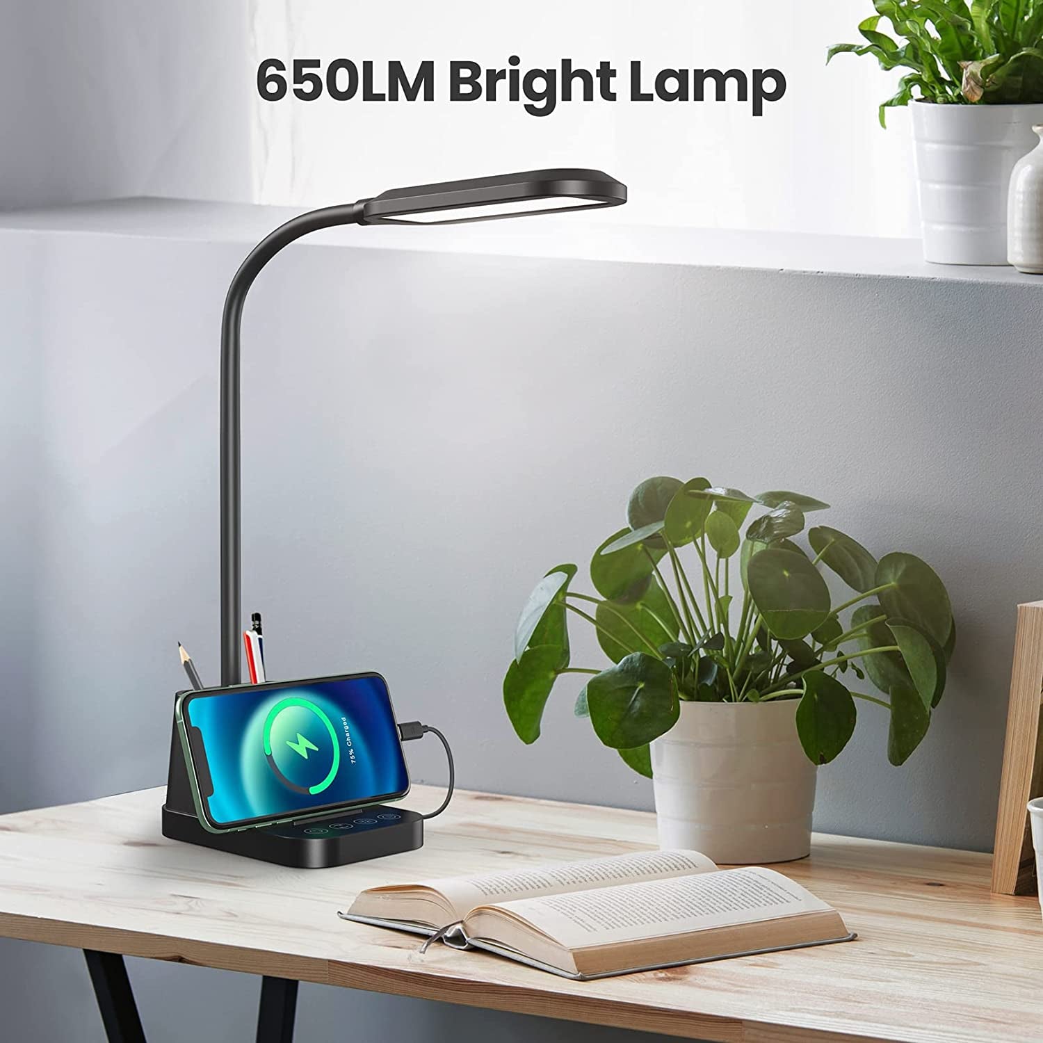 LED Desk Lamp with USB Charging Port, Small Desk Lamps for Home Office,  Desk Light for Bedrooms, Black Office Lamp for Small Spaces, 650LM, Gooseneck, Pen Holder, Study Lamps for College Dorm Room