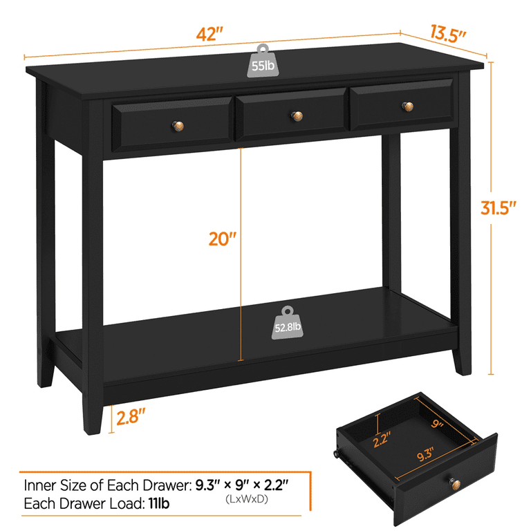 Topeakmart 3-Drawer Wooden Console Table Entryway Table with Storage Shelf Pine Wood Legs, Black