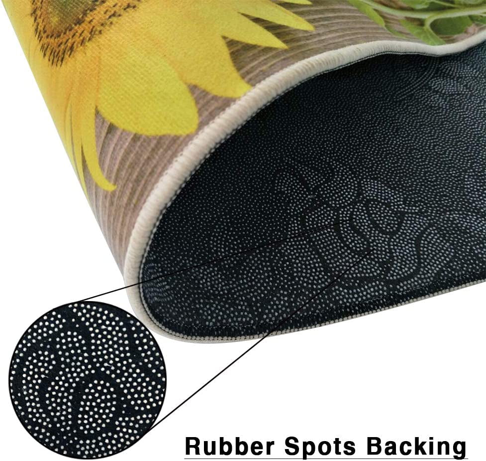 Kitchen Rugs Sets 2 Piece Floor Mats 3 Sunflower on the Wooden Table Doormat Non-Slip Rubber Backing Area Rugs Washable Carpet inside Door Mat Pad Sets (15.7" X 23.6"+15.7" X 47.2")