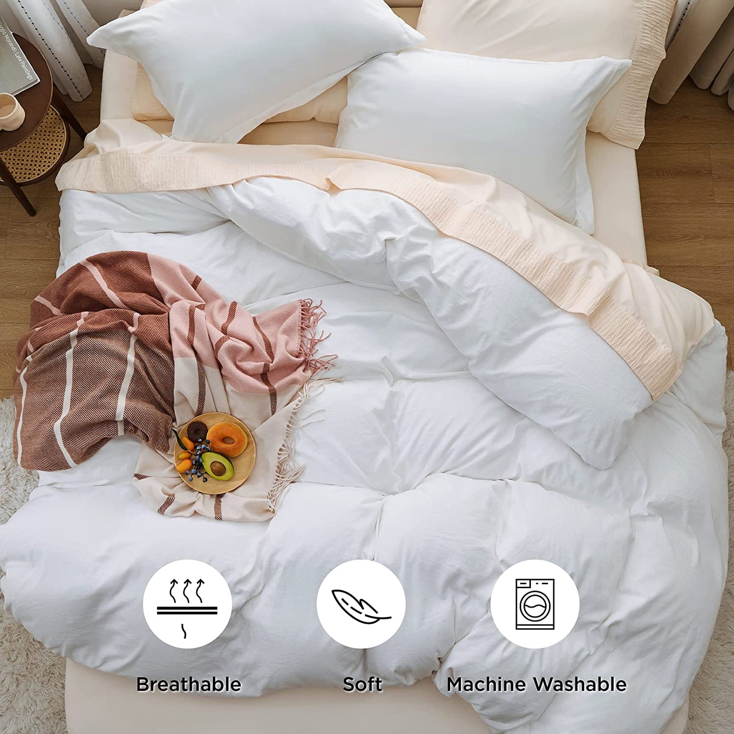 BEDSURE White Duvet Covers Queen Size - Washed Duvet Cover, Soft Queen Duvet Cover Set 3 Pieces with Zipper Closure, 1 Duvet Cover 90X90 Inches and 2 Pillow Shams (No Comforter)