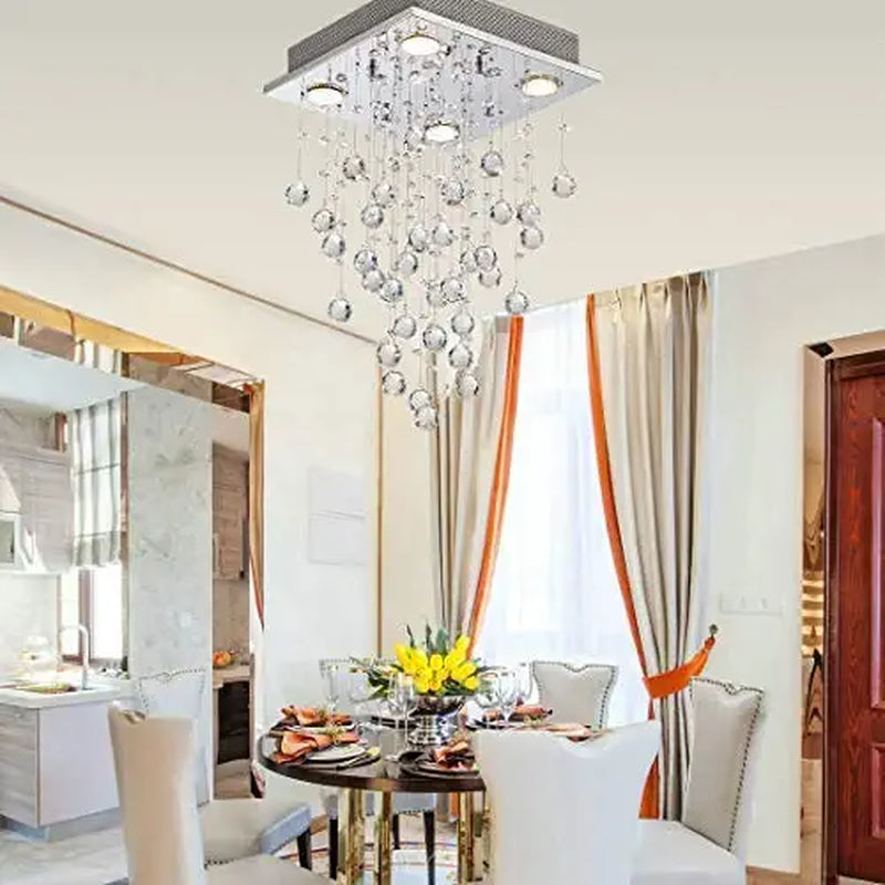 Bestier Modern Crystal Square Raindrop Chandelier Lighting Flush Mount LED Ceiling Light Fixture Pendant Lamp for Dining Room Bathroom Bedroom Livingroom 4 GU10 Bulbs Required 12 in Wide 20 Inch High