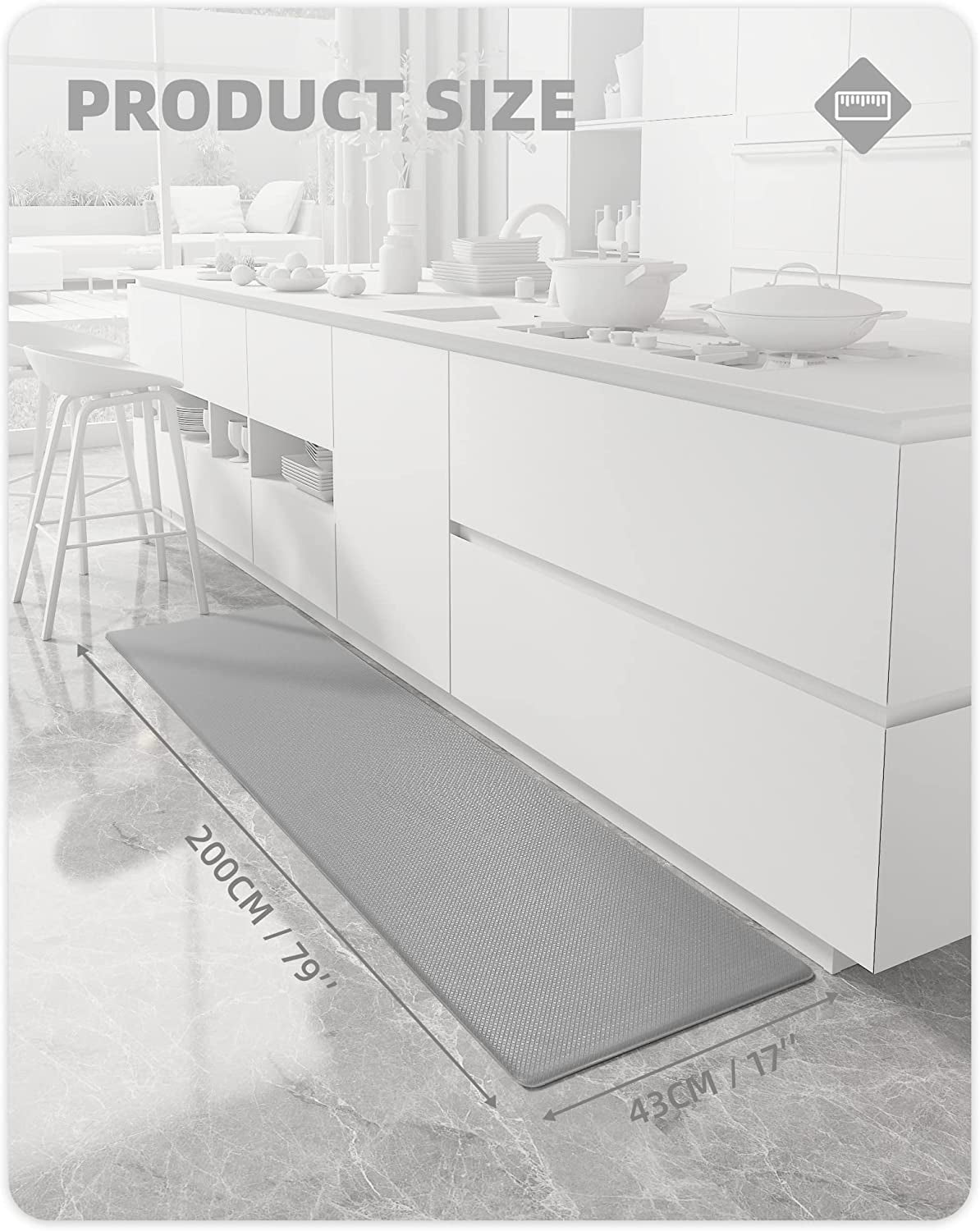 Color G Kitchen Rugs, Kitchen Runner Rug Kitchen Floor Mat, Cushioned Anti-Fatigue Kitchen Mat, Non Skid Waterproof Comfort Standing Kitchen Rugs and Mats, 17"X79", Grey