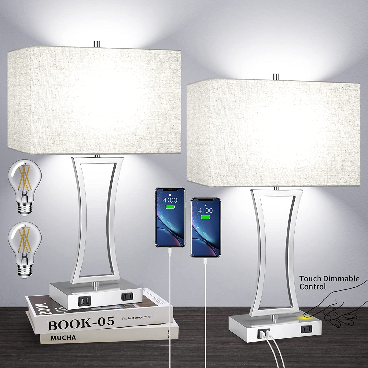 Set of 2 Touch Control 3-Way Dimmable Table Lamp, Nightstand Lamp with USB Port AC Outlet Bedside Nightstand Lamp for Living Room, 22In, Cream Shade, Daylight White Bulbs Included