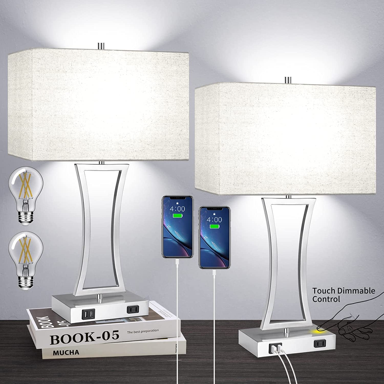 Set of 2 Touch Control 3-Way Dimmable Table Lamp, Nightstand Lamp with USB Port AC Outlet Bedside Nightstand Lamp for Living Room, 22In, Cream Shade, Daylight White Bulbs Included