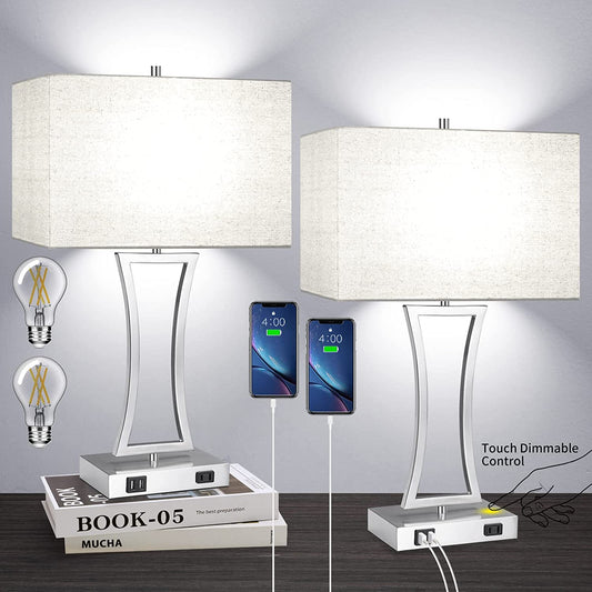 Set of 2 Touch Control 3-Way Dimmable Table Lamp, Nightstand Lamp with USB Port AC Outlet Bedside Nightstand Lamp for Living Room, 22In, Cream Shade, Daylight White Bulbs Included