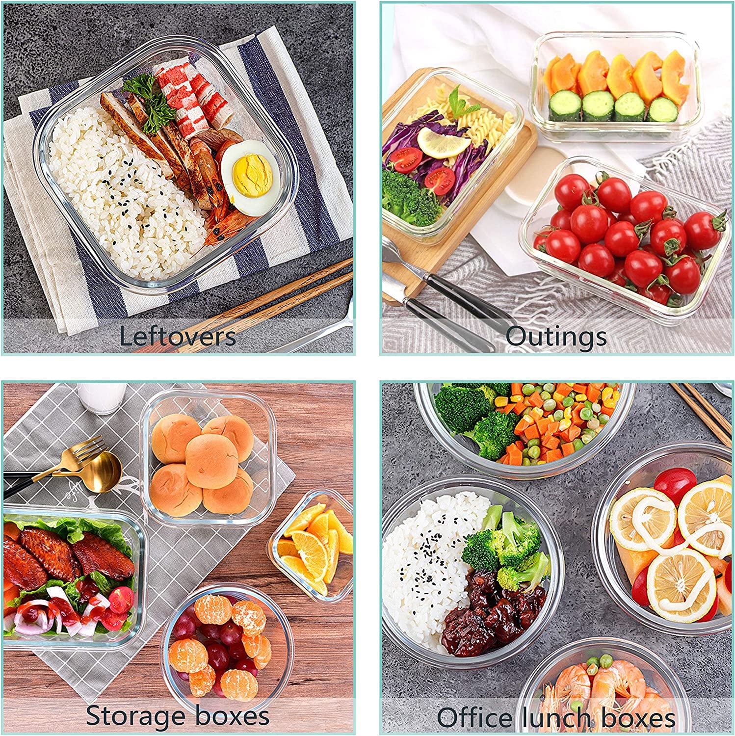 24-Piece Glass Food Storage Containers Set with Lids - Airtight Leak Proof Glass Meal Prep Containers, BPA Free Bento Lunch Boxes, Freezer/Oven/Dishwasher Safe(12 Lids & 12 Containers)