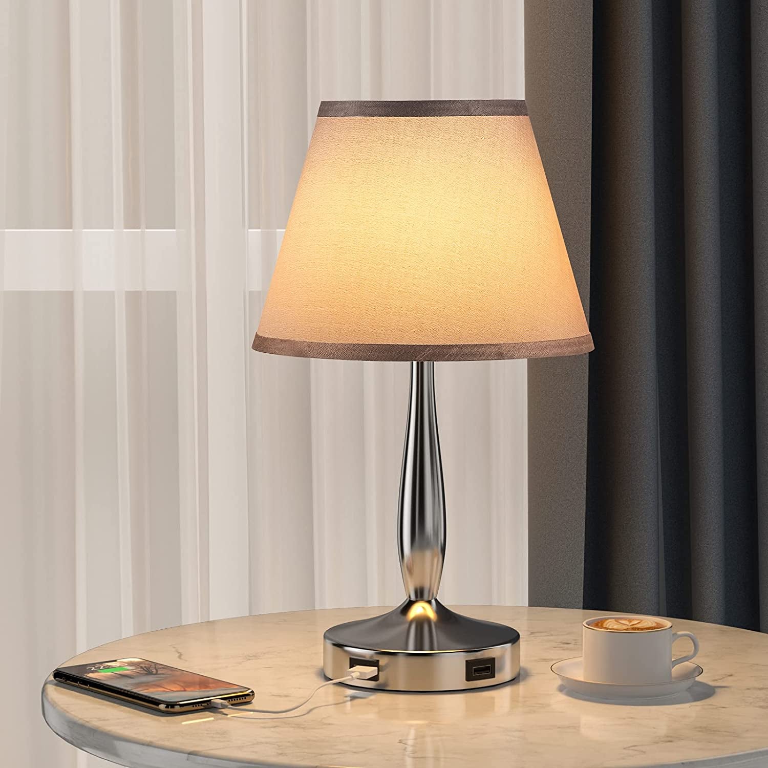 Touch Table Lamp with USB Ports - 3-Way Dimmable Small Nightstand Lamp for Bedroom & Living Room, Bedside Lamp W/ Grey Trapezoidal Shade (Assembled) & Silver/Chrome Metal Base - LED Bulb Included