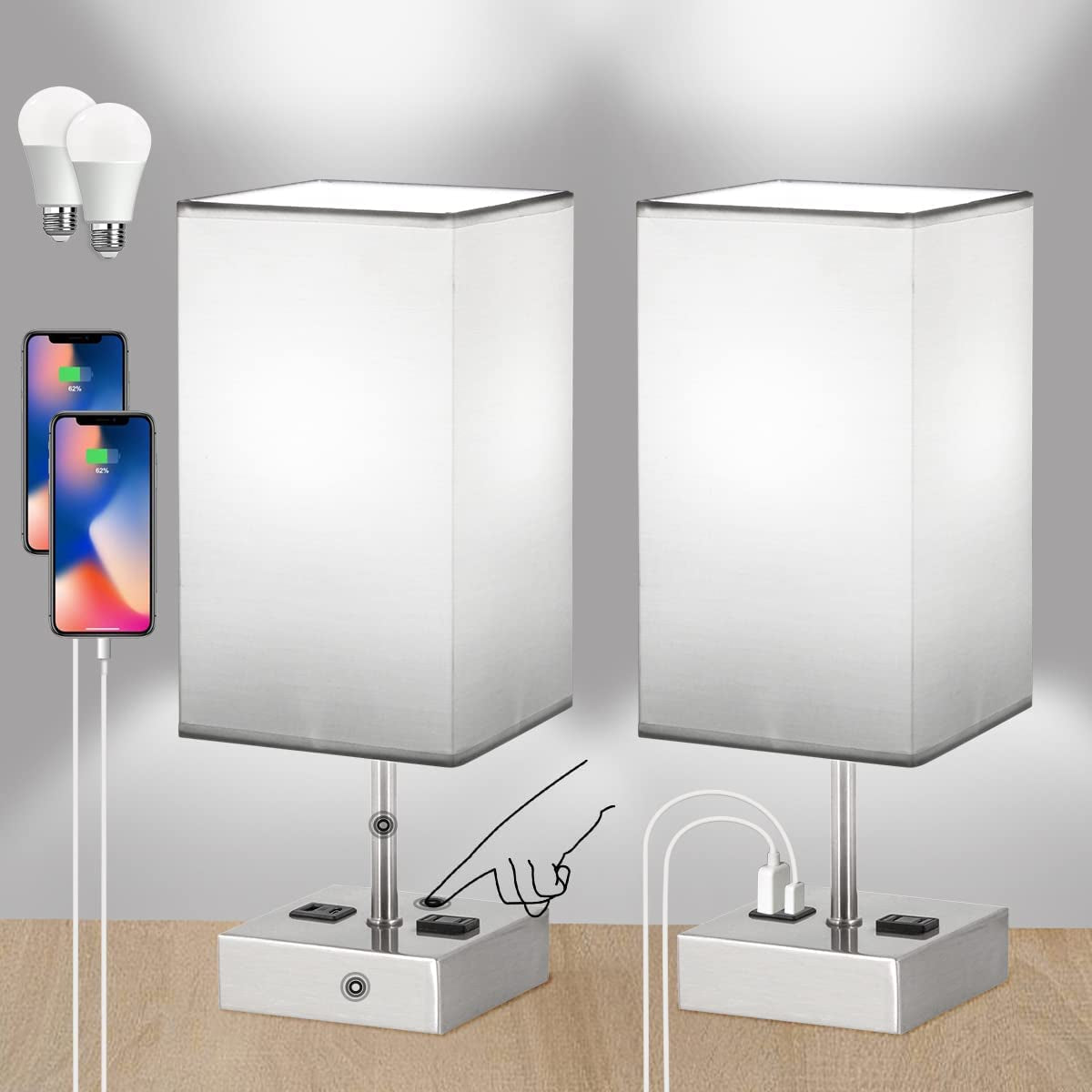 Touch Control Bedside Lamp, USB Table Lamp with 4 Bulbs,3 Way Dimmable Nightstand Lamp with 2 USB Ports & AC Outlet, Touch Desk Lamps for Bedrooms Living Room, Small Table Lamp, White Fabric Shade