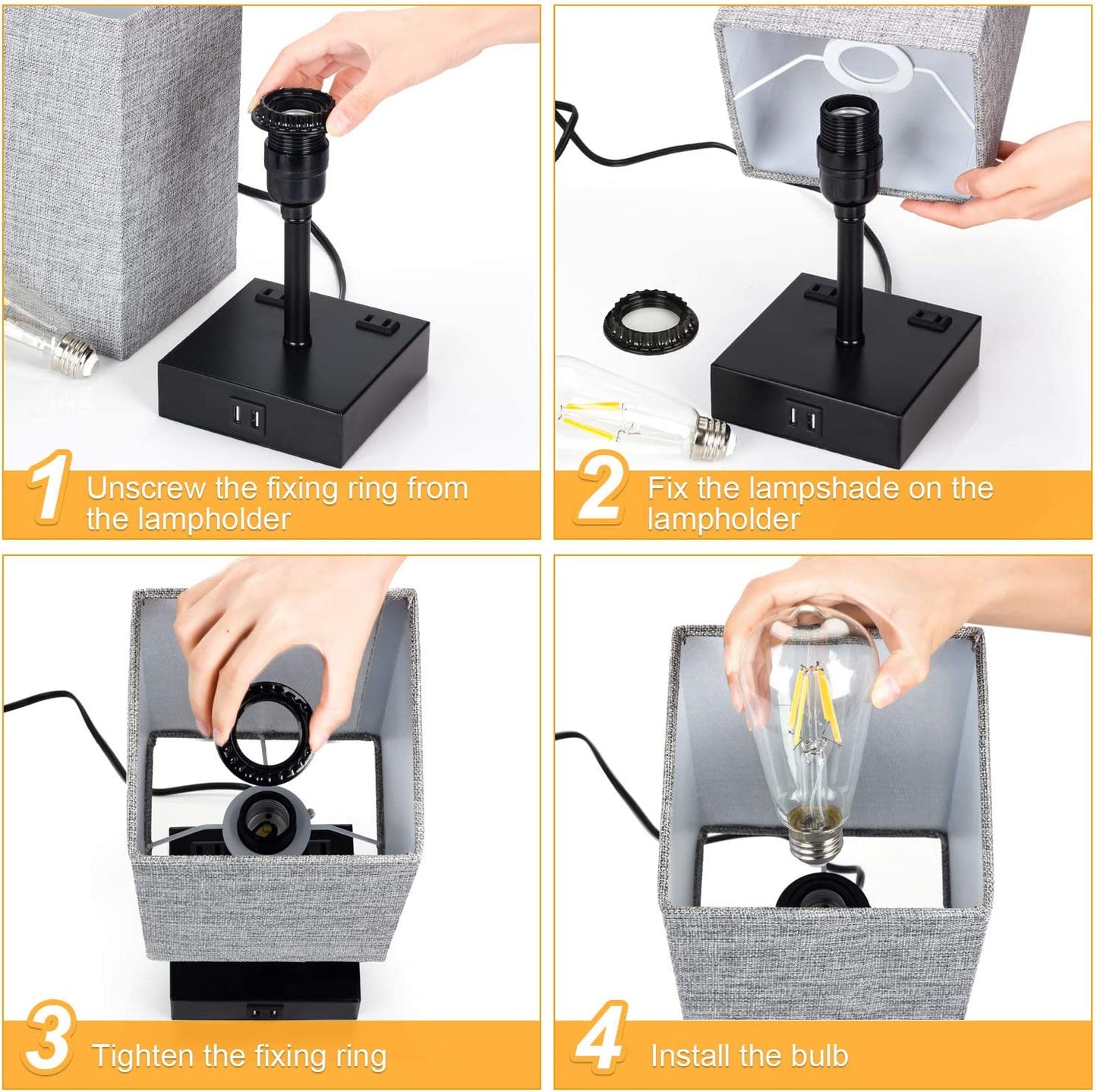 Touch Control Table Lamp, 3 Way Dimmable Bedside Desk Lamps with 2 USB Charging Ports 2 AC Outlets,Grey Fabric Shade Modern Nightlight for Bedroom, ST64 LED Bulbs Included,Set of 2