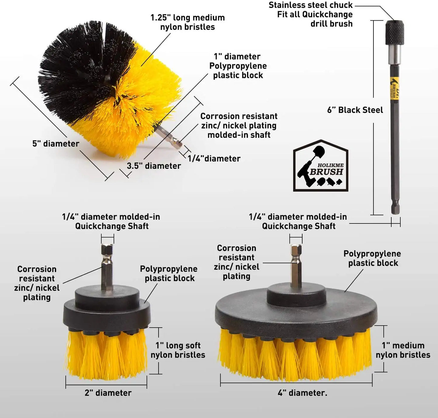 4Pack Drill Brush Power Scrubber Cleaning Brush Extended Long Attachment Set All Purpose Drill Scrub Brushes Kit for Grout, Floor, Tub, Shower, Tile, Bathroom and Kitchen Surface，Yellow