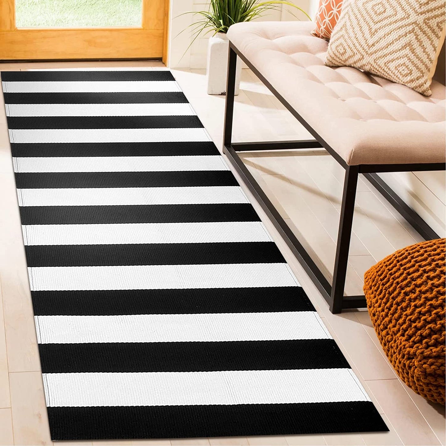 Black and White Striped Rug Runner 2'X6'Farmhouse Runner Rug Checkered Cotton Woven Washable Outdoor Rug Runner for Kitchen/Laundry/Bathroom/Bedroom/Living Room