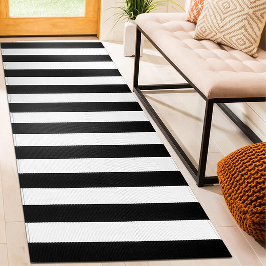 Black and White Striped Rug Runner 2'X6'Farmhouse Runner Rug Checkered Cotton Woven Washable Outdoor Rug Runner for Kitchen/Laundry/Bathroom/Bedroom/Living Room