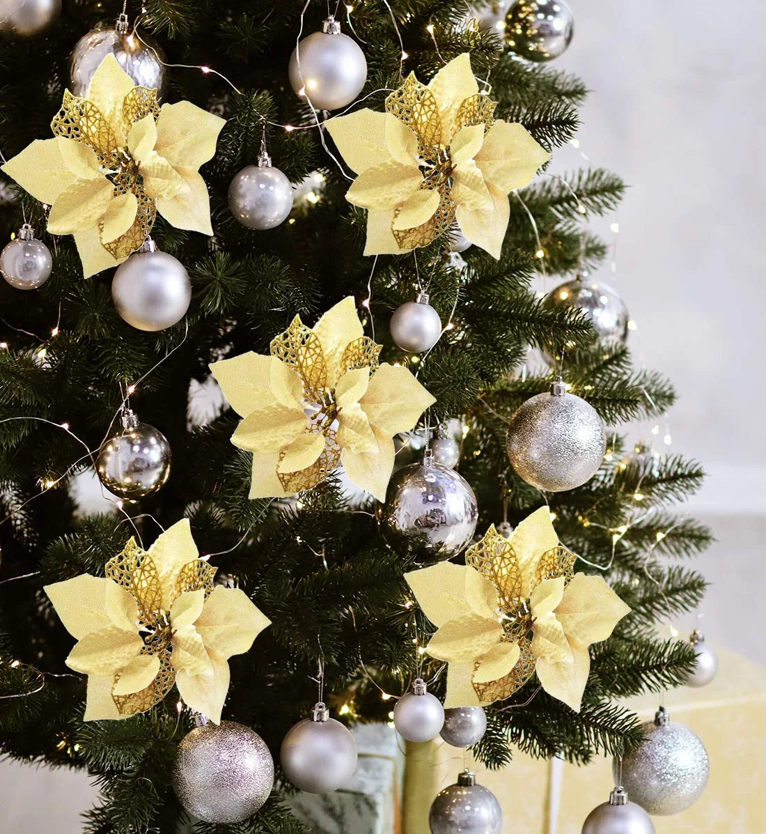 24 PCS Gold Poinsettia Artificial Flowers Glitter Christmas Tree Ornaments for Xmas Wedding Party Wreath Decoration