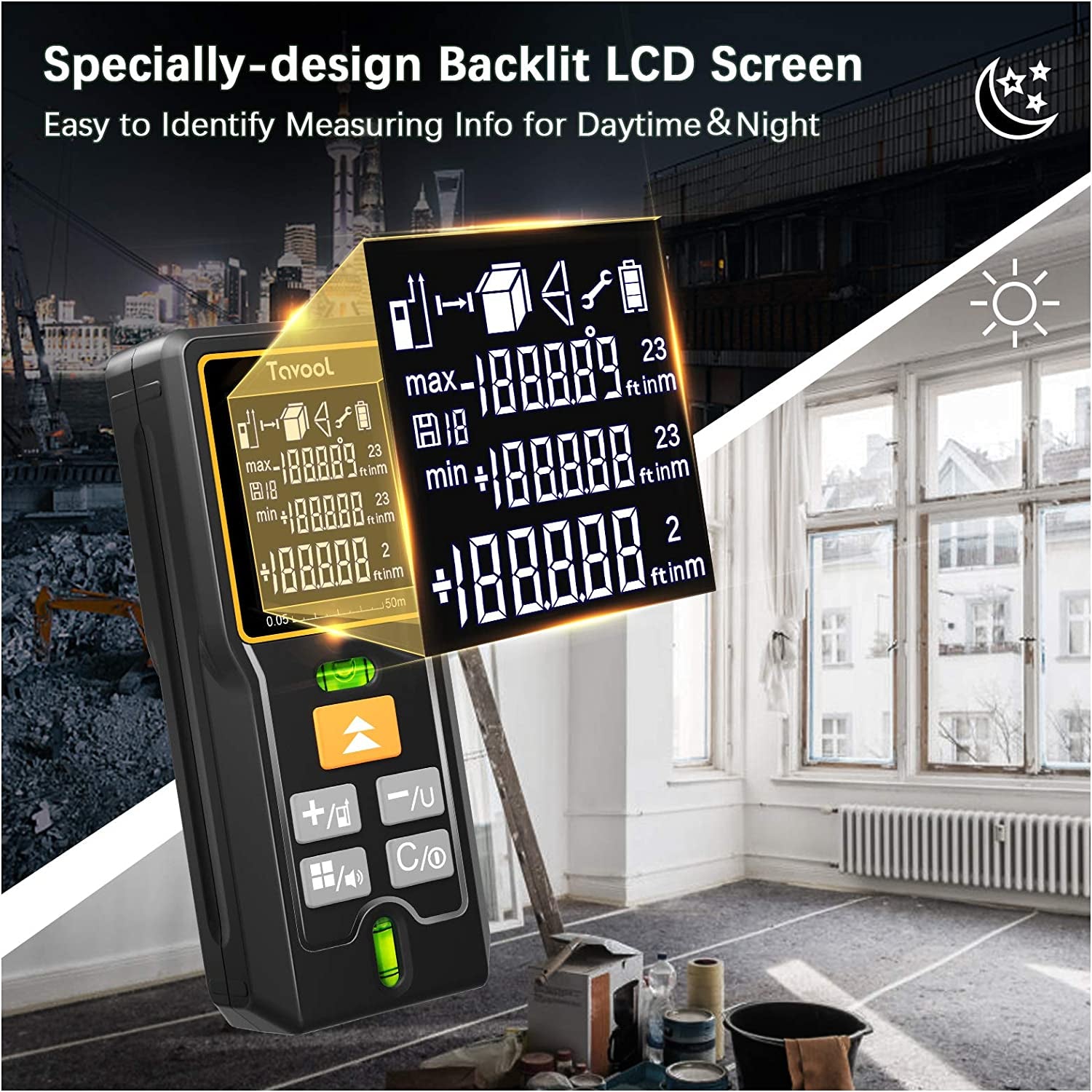 Laser Tape Measure - 165Ft Laser Measurement Tool Ft/In/M Unit Switching, High Accuracy Digital Tape Measure with Backlit LCD and 2 Bubble Levels, Waterproof Laser Measure Distance, Area, Volume (50M)