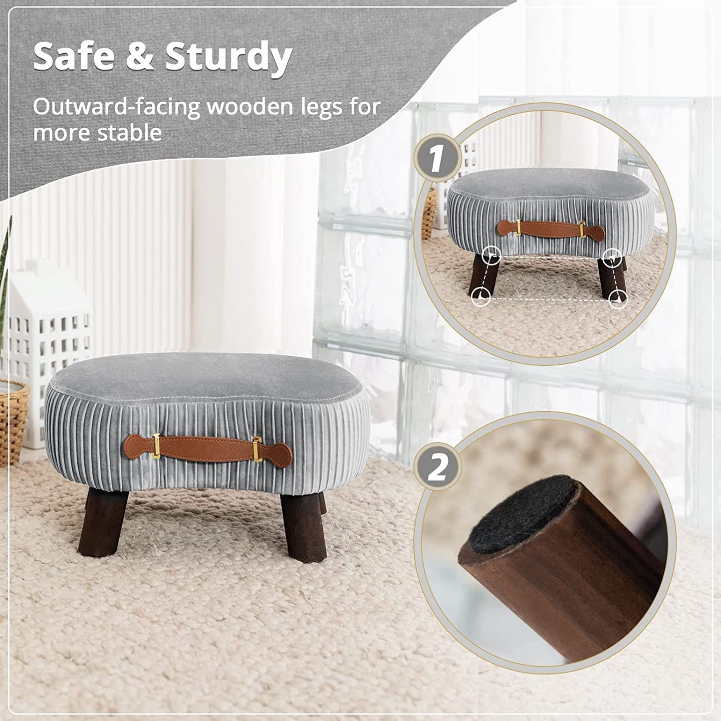 Small Curved Foot Stool with Handle, Gray Velvet Footstool and Ottomans, Modern Foot Rest with Wooden Legs, Step Stool with Padded Seat for Couch, Living Room