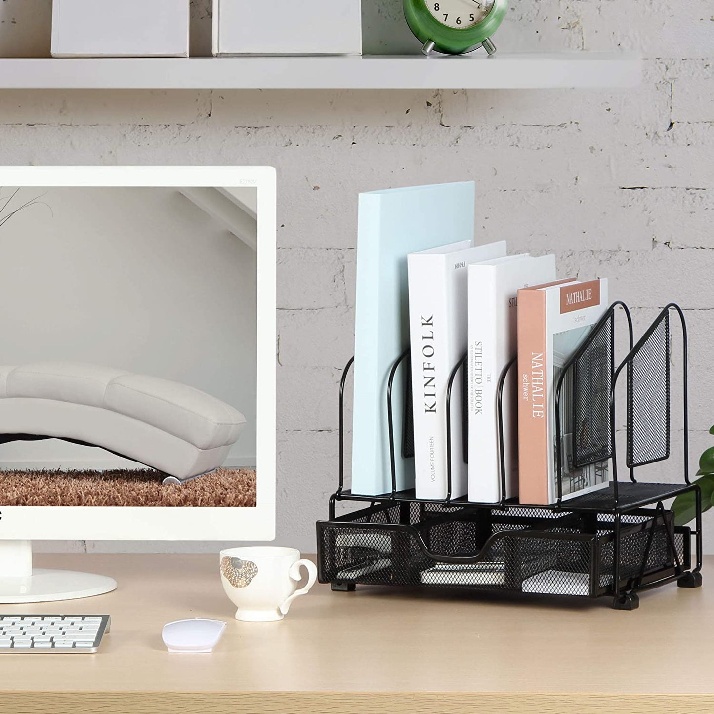 Desk Organizers and Accessories Storage with Drawer, Paper Tray and 5 Vertical File Folder Holders to Collect Office Supplies, Desktop Organizer for Workspace Home Office School, Black