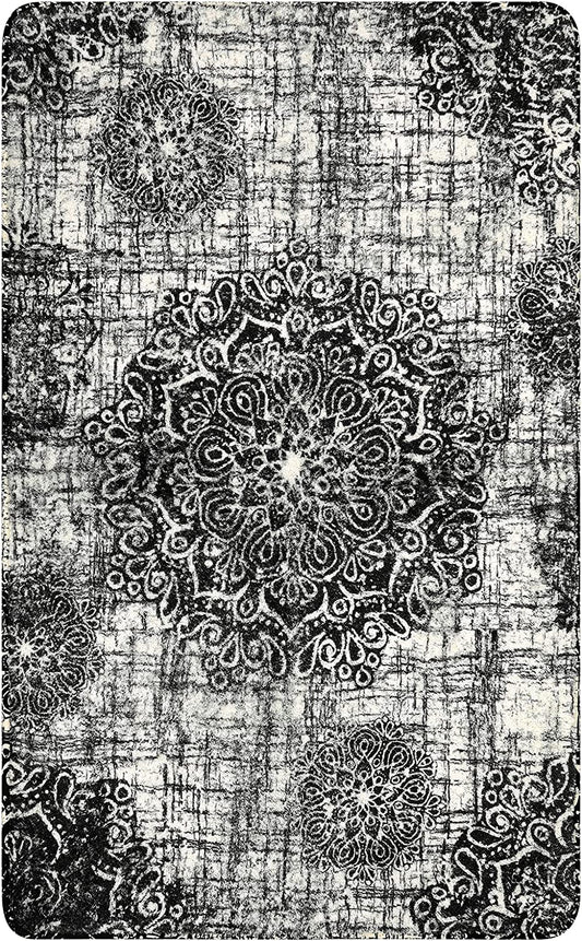 Vintage Medallion Washable Area Rug - 2'X3' Black Small Entry Rug Accent Distressed Non-Slip Throw Rug Floor Carpet Rug for Door Mat Entryway Bedroom Living Laundry Room Kitchen Rug