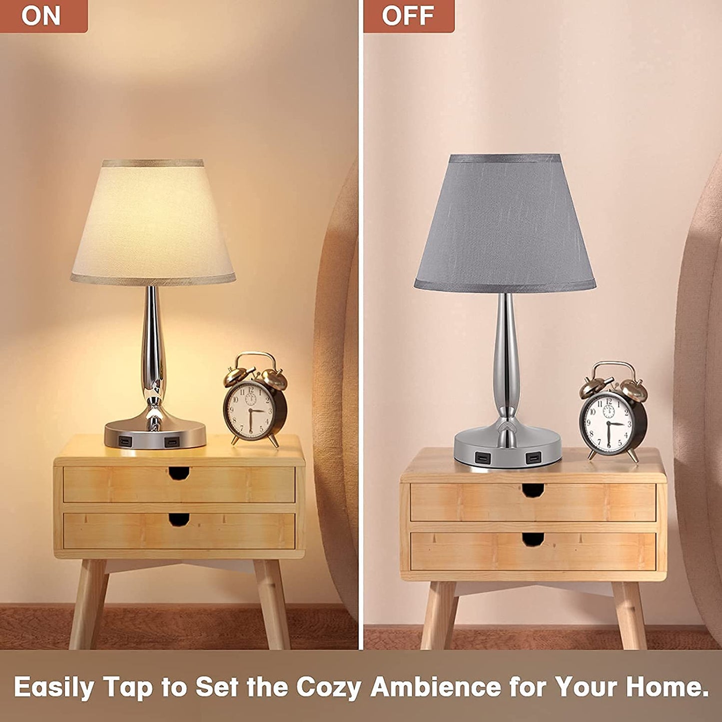 Touch Table Lamp with USB Ports - 3-Way Dimmable Small Nightstand Lamp for Bedroom & Living Room, Bedside Lamp W/ Grey Trapezoidal Shade (Assembled) & Silver/Chrome Metal Base - LED Bulb Included